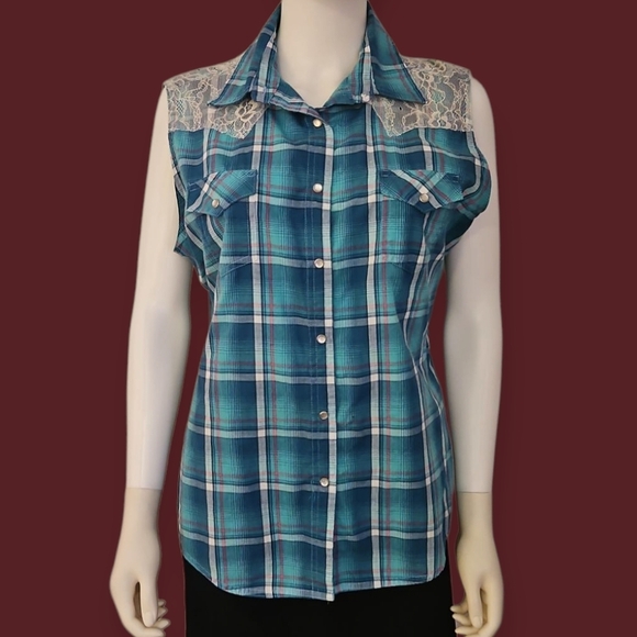 Vtg WRANGLER Blue Plaid Lace Yoke Sleeveless Snap Button Shirt - Picture 1 of 6